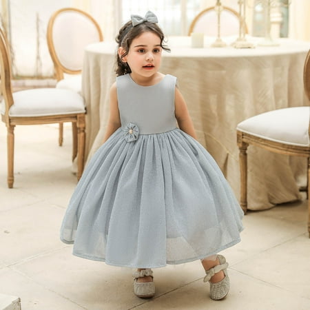 

cllios Toddler Girls Net Yarn Embroidery Rhinestone Bowknot Sequins Birthday Party Gown Long Dresses Headband Suit