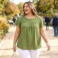 thumbnail image 3 of GRACE & GRANDEUR Blusas de Talla Grande para Mujeres con Textura Plisada y Volantes, Manga Corta, Cuello Redondo, Tops Casuales 4X Verde Oliva, 3 of 7