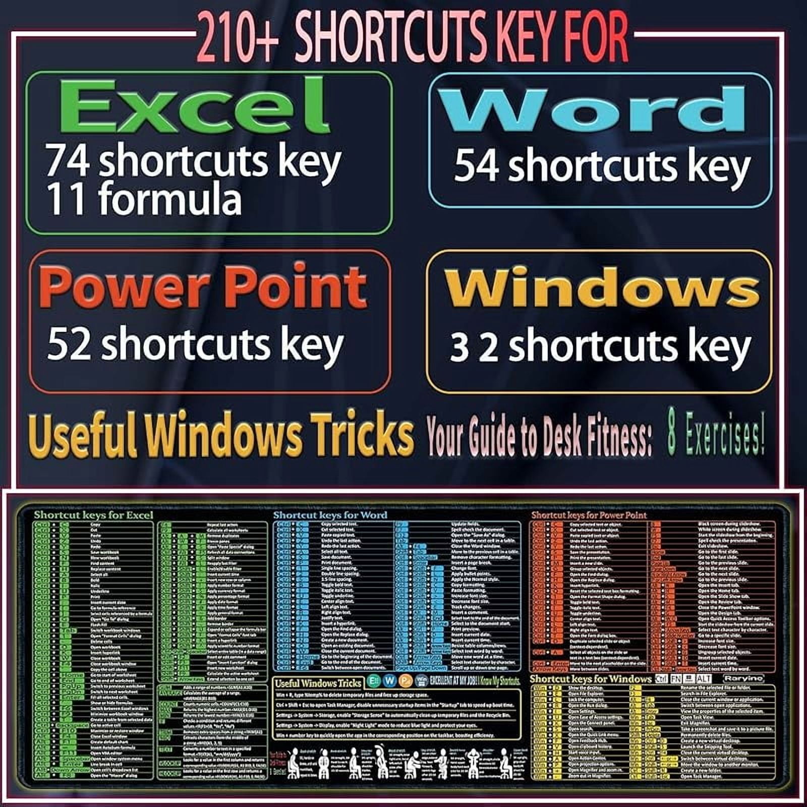 Excel/Word/Power Point/Windows Mouse pad,Non-Slip&Waterproof Large Gaming Office pc Desk mat,Over 200 Keyboard Shortcuts Mousepad