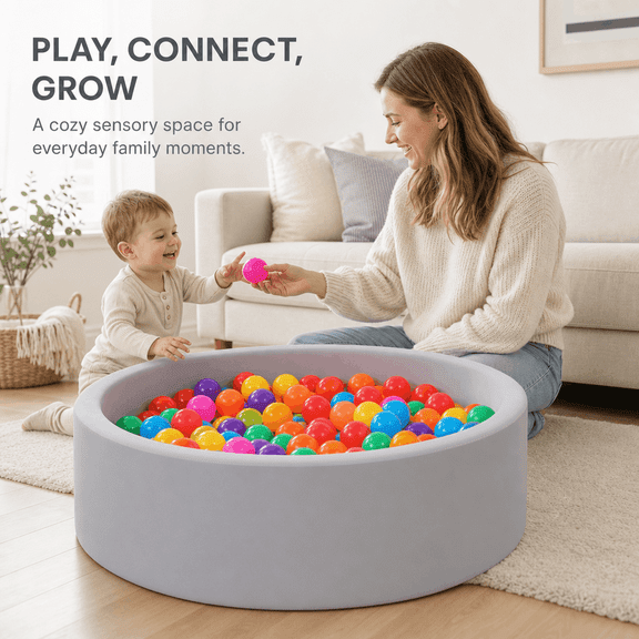 Moncoland Ball Pit for Kids, Foam Ball Pit with 100 Colorful Balls, High-Density Foam, Indoor Play Area, Gray Milk Silk Fabric, 33.5 x 33.5 x 10.4 in
