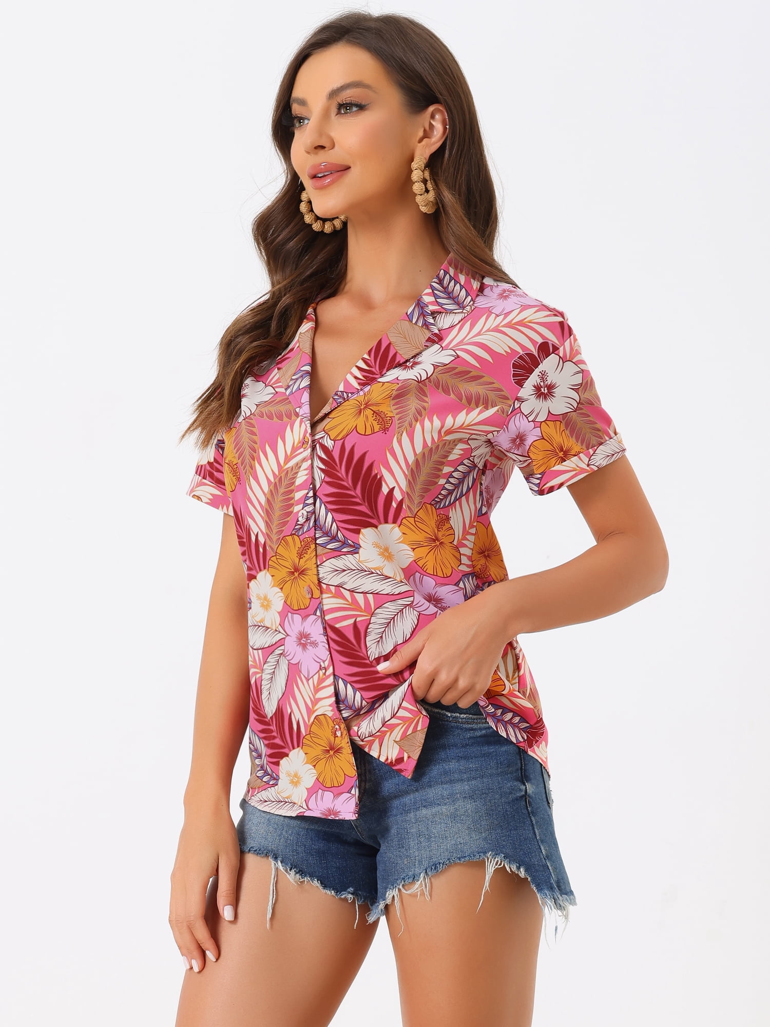 DARING DIVA Floral Leaves Print Short Sleeve Beach Top M Bright Pink