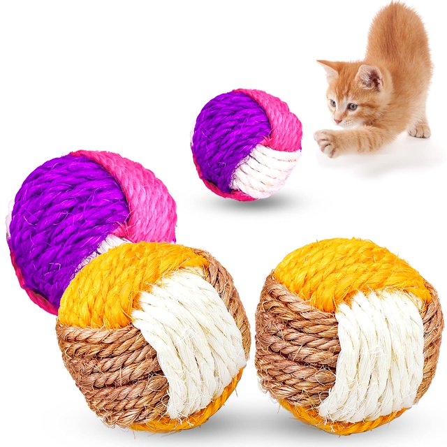 Bola de Sisal de juguete para gatos de 4 Uds., bola interactiva para rascar mascotas, bolas de juguete para gatitos respetuosas con el medio ambiente, Color aleatorio oso de fresa Electrónica