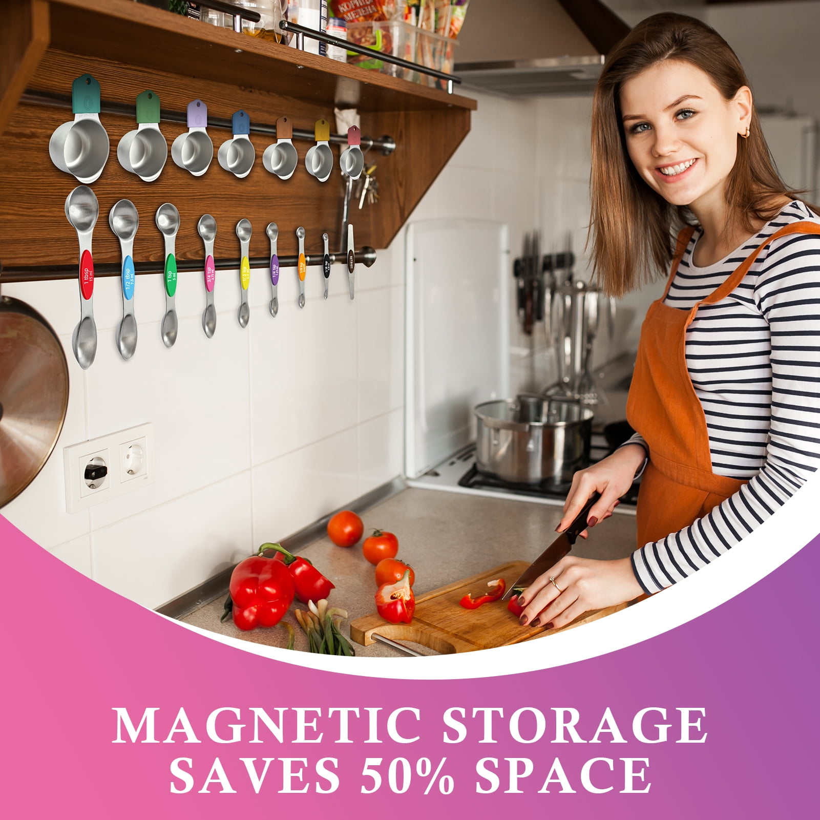 Godance Magnetic Measuring Cups and Spoons Set Including 7 Stainless Steel Stackable Measuring Cup 8 Double Sided Magnetic Measuring Spoons with 1 Leveler for Dry and Liquid Ingredients(Multicolor)