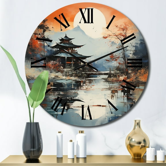 Designart "Orange Grey Asian horizon I" Abstract Landscape Oversized Wall Clock