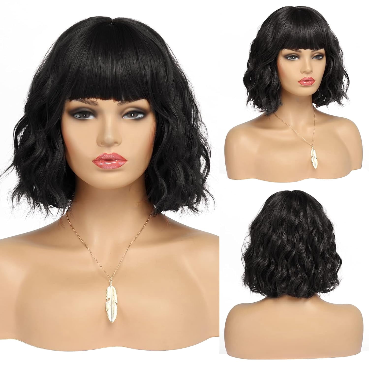 DOPI Short White Silver Wigs for Women Ombre Grey Wavy Bob Wig with Bangs Medium Length Synthetic Hair Water Wave Dark Roots Wig Gray Colorful Wigs（12 Inches）