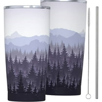 Pine Forest In Fog On Mountains Background Tumbler Travel Coffee Mug With Flip Lid 20 Oz Insulated Tumbler Cup Gift For Father Mother Friend Birthday