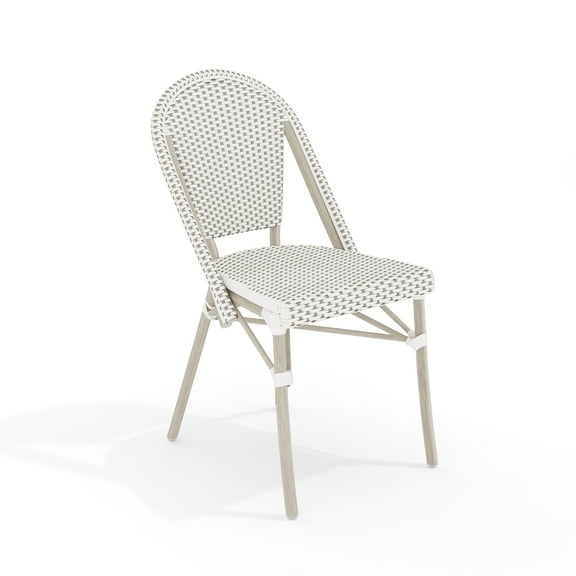 Martha Stewart Indoor-Outdoor Stackable Bistro Chair with Gray Woodgrain Aluminum Finish Frame and White/Gray Woven Rattan Back and Seat