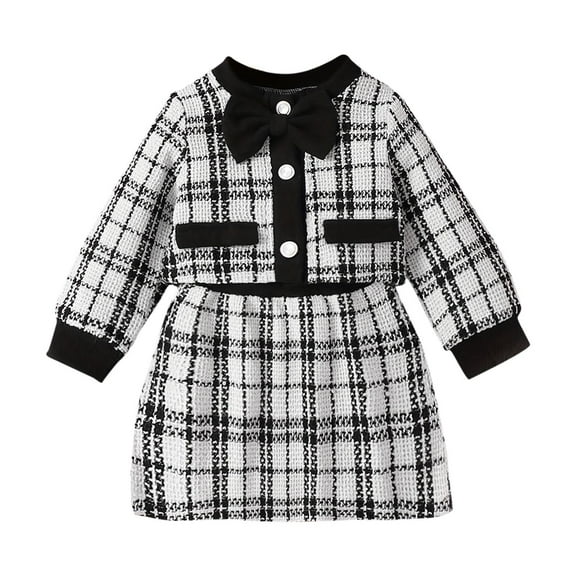 Gpaecead Toddler Girl's 2 Piece Houndstooth Button Front Long Sleeve Round Neck Jacket And Skirt Outfits Set White