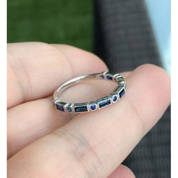 Baguette Blue Sapphire Half Eternity Wedding Band Silver Ring 14K White Gold plated