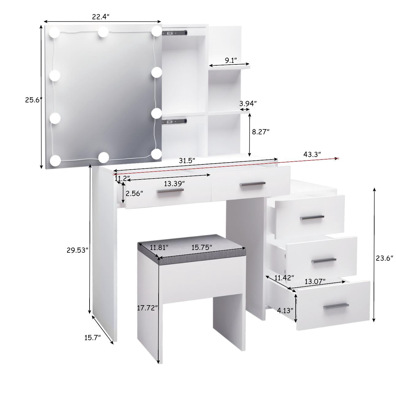 5 Pumps 2 Shelves Mirror Cabinet Three Dimming Light Bulb Dressing Table Set, White