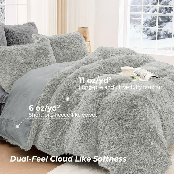 3-Piece Fluffy Duvet Cover Queen, Ultra Soft Faux Fur and Velvet Light Grey Comforter Cover, Luxury Fuzzy Bedding Sets for Winter Bed, Includes 1 Duvet Cover and 2 Pillowcases, No Comforter