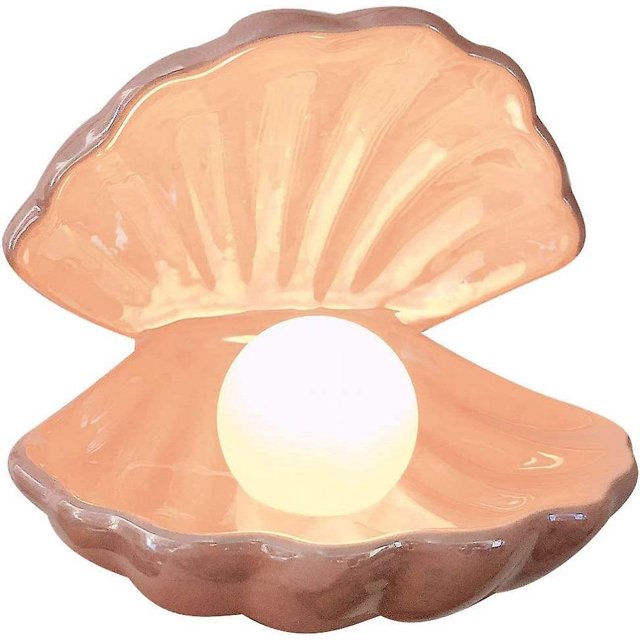 Pink Lámpara LED decorativa con luz de perla de concha, luz nocturna portátil, adorno de escritorio con perla en concha, decoración del hogar para dormitorio, sala de estar (rosa)