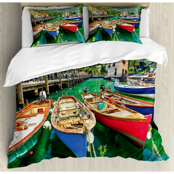 Italy Queen Size Duvet Cover Set, Summer Landscape and Wooden Boats on the Lake Garda Torbole Town Fishing Maritime, Decorative 3 Piece Bedding Set with 2 Pillow Shams, Multicolor, by Ambesonne