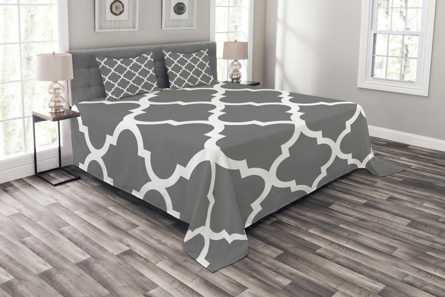 Grey and White Bedspread Set King Size, Damask Geometric Ornamental
