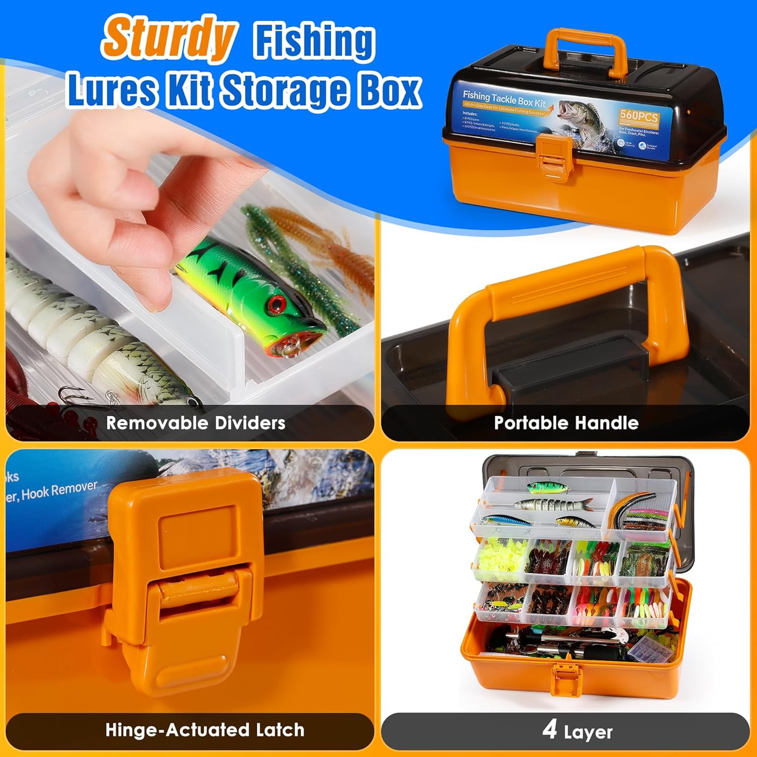 560PCS Fishing Lures Kit with Large 4-Layer Tackle Box, Complete Freshwater Bass Fishing Gear Set with Pliers, Hooks, Crankbait, Sinkers, Jigs, Weights & More Accessories, Gift for Men
