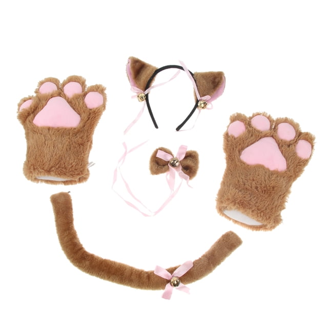 conjunto de cosplay de gato guantes de felpa gatito oreja cola collar patas partido traje marrón Sunnimix Disfraz de Cosplay de gato