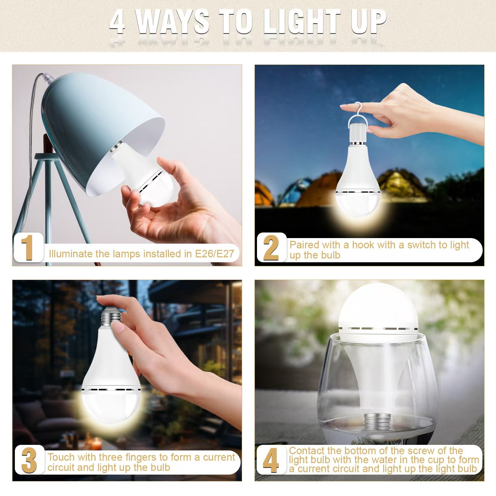 Rechargeable Emergency Light Bulbs,Soft White 3000K,Battery Operated Light Bulb,Keep Lighting When Power Failure,1200mAh Battery,Work 4-5 hours,A21 9W E26/E27 Standard Bulb,6 Pack with Hook