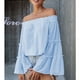 thumbnail image 3 of Blusa casual para mujer, Tops con mangas acampanadas y hombros descubiertos, blusas sueltas de verano, rendimiento sólido, 3 of 6