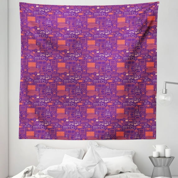 Gaming Tapestry, Oldies Game Environment Cabled Video Games Consoles Illustration, Fabric Wall Hanging Decor for Bedroom Living Room Dorm, 5 Sizes, Purple Burnt Sienna, by Ambesonne