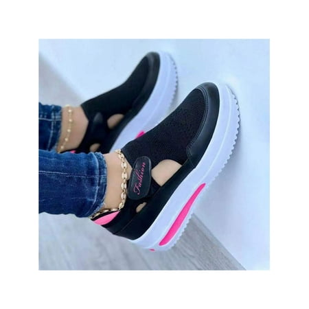 

Zodanni Lady Casual Shoes Platform Sandals Slip On Sneakers Women Summer Breathable Wedge Black 7.5