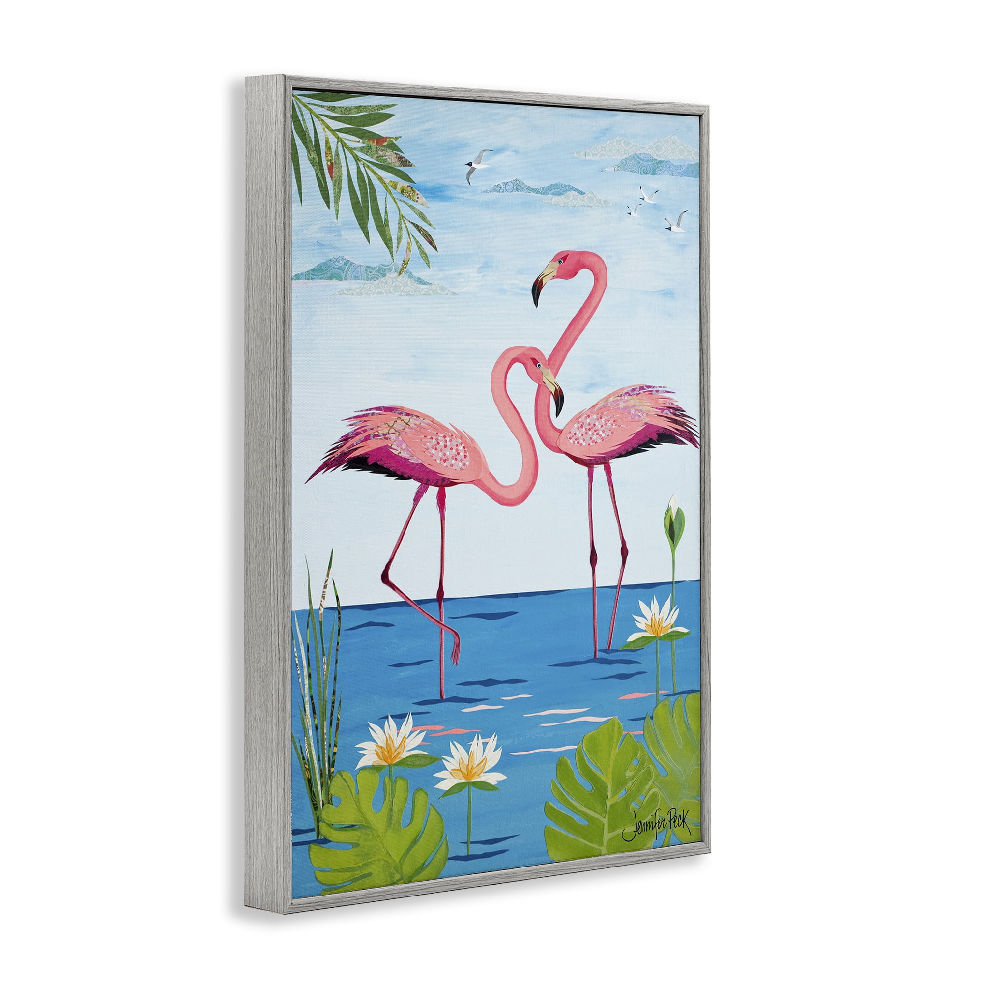 Stupell Industries Pretty In Pink Flamingos Animals & Insects Painting Gray Framed Art Print Wall Art, 12 x 18