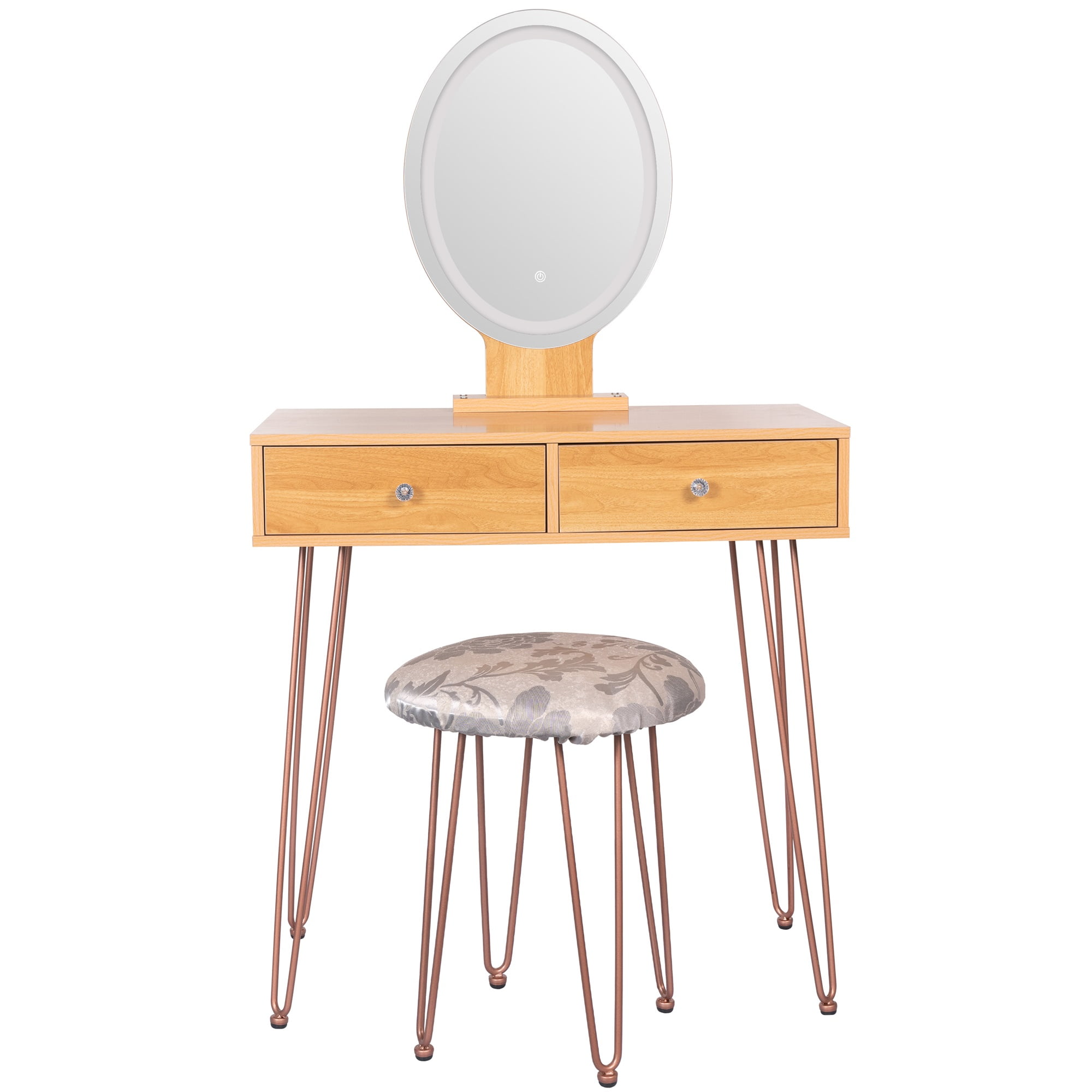 Spaco Modern Dressing Table with 3 Color Lighting Brightness Adjustable, Vanity Desk with 2 Wood Cosmetic Table Chest of Drawers and Gray Padded Stool, Nature Spaco Modern Dressing Table with 3 Color Lighting Brightness Adjustable, Vanity Desk with 2 Wood Cosmetic Table Chest of Drawers and Gray Padded Stool, Nature