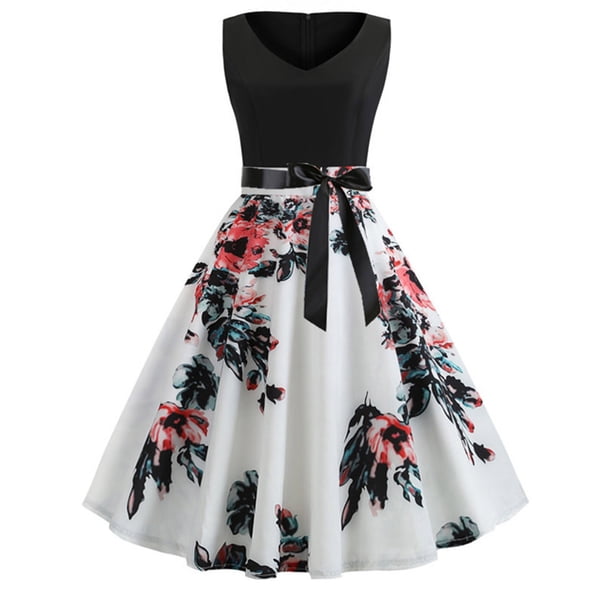 Vestido de columpio sexy sin mangas con cuello en V estampado vintage de moda para mujer Fridja hj4680
