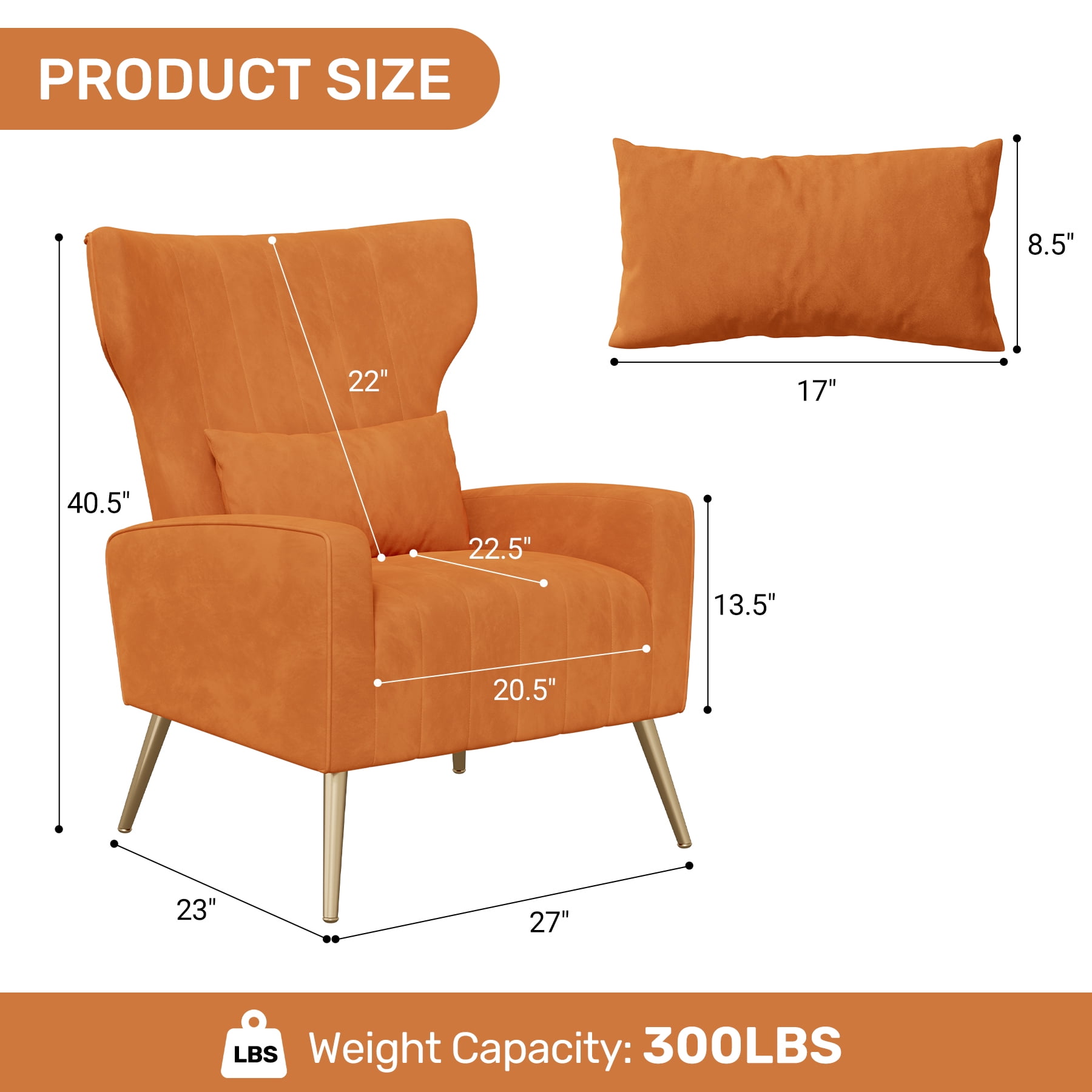 MOONMISS Velvet Accent Chair for Living Room, Modern Arm Chair with Pillow, Single Sofa Lounge Chair for Bedroom & Reading Room,Orange