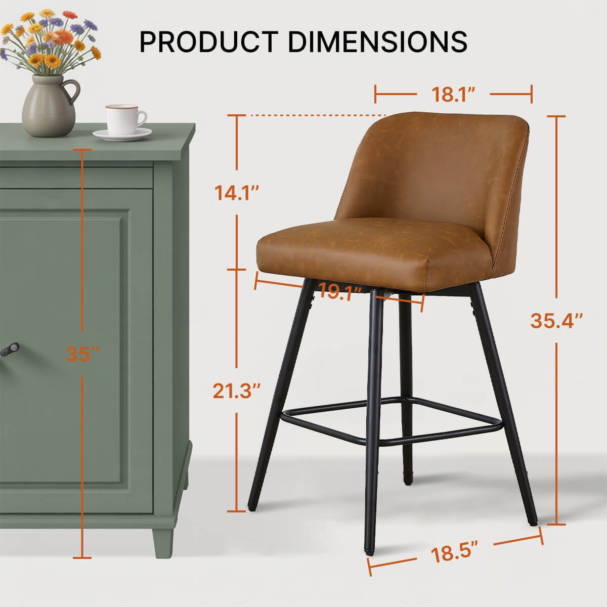 L'AGRATY Modern Bar Stools Set of 4, 26" High-Back Counter Stools, Faux Leather Upholstery, for Kitchen Island, Home Bar, Brown