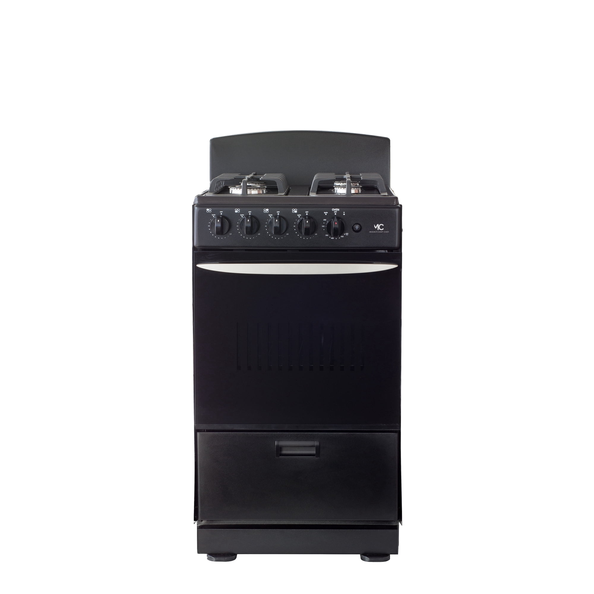 Magnificent Chef - Free Delivery- 20" Black Gas Stove with 2.4 CFT Oven Capacity -Sealed Burners, 1 Ultra-Fast, 3 Fast – Easy to Clean, Iron Grates, Cool Knobs 2-year Warranty.