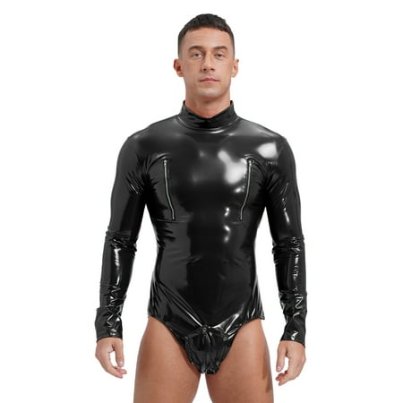 YIZYIF Mens Patent Leather Zipper Crotch Long Sleeve Bodysuit Wet Look Bulge Pouch Thong Leotard Black XL