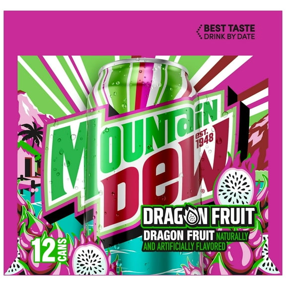 Mountain Dew Soda Dragon Fruit 12 fl oz, 12 Count 1 Pack