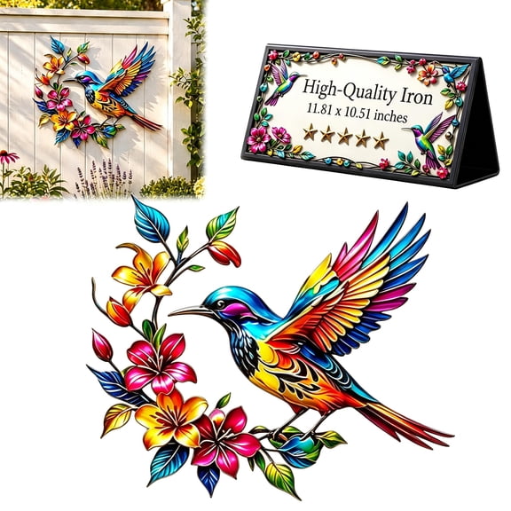 Metal Hummingbird Wall Art for Garden or Home, Colorful Floral Wall Decor, 1 or 2 pcs