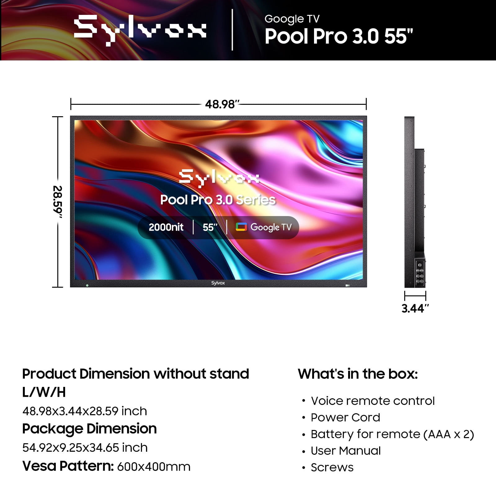 SYLVOX 55 inch Outdoor Smart TV, 2000 Nits 4K UHD HDR 10 IP56 Waterproof Google Television with Dolby Atmos, Voice Remote,Chromecast, Pool Pro 3.0