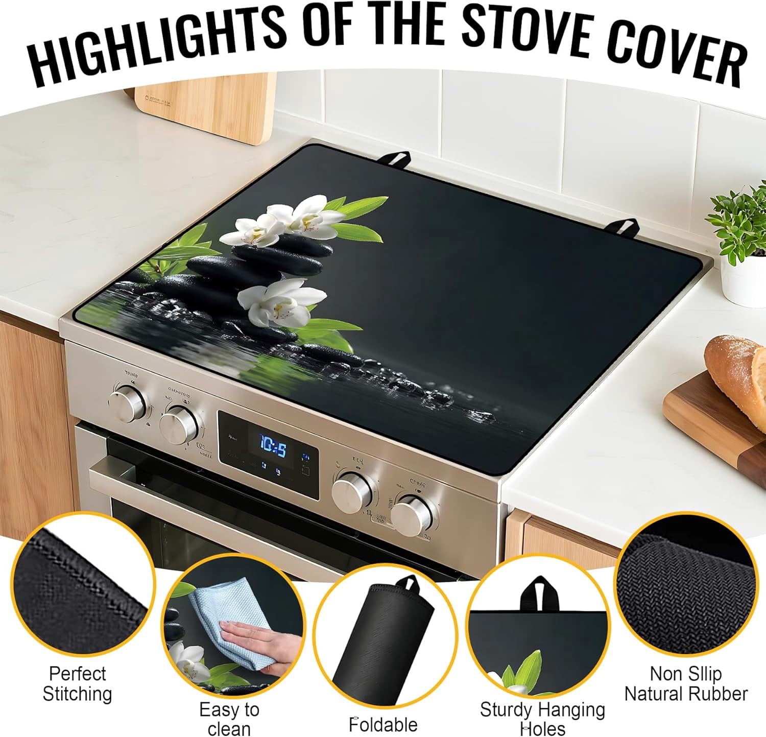 Stove Top Cover for Electric/Glass Stove, Flat Top Cooktop Protector, Electric Cooktop Cover, Extra Counter Space for Kitchen (White Orchid Stacked Stones)