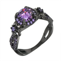 Womens Black Gold Plated Ring With Purple Round Gemstone Small Flower Design Elegant Fashion Jewelry Dainty Accessory