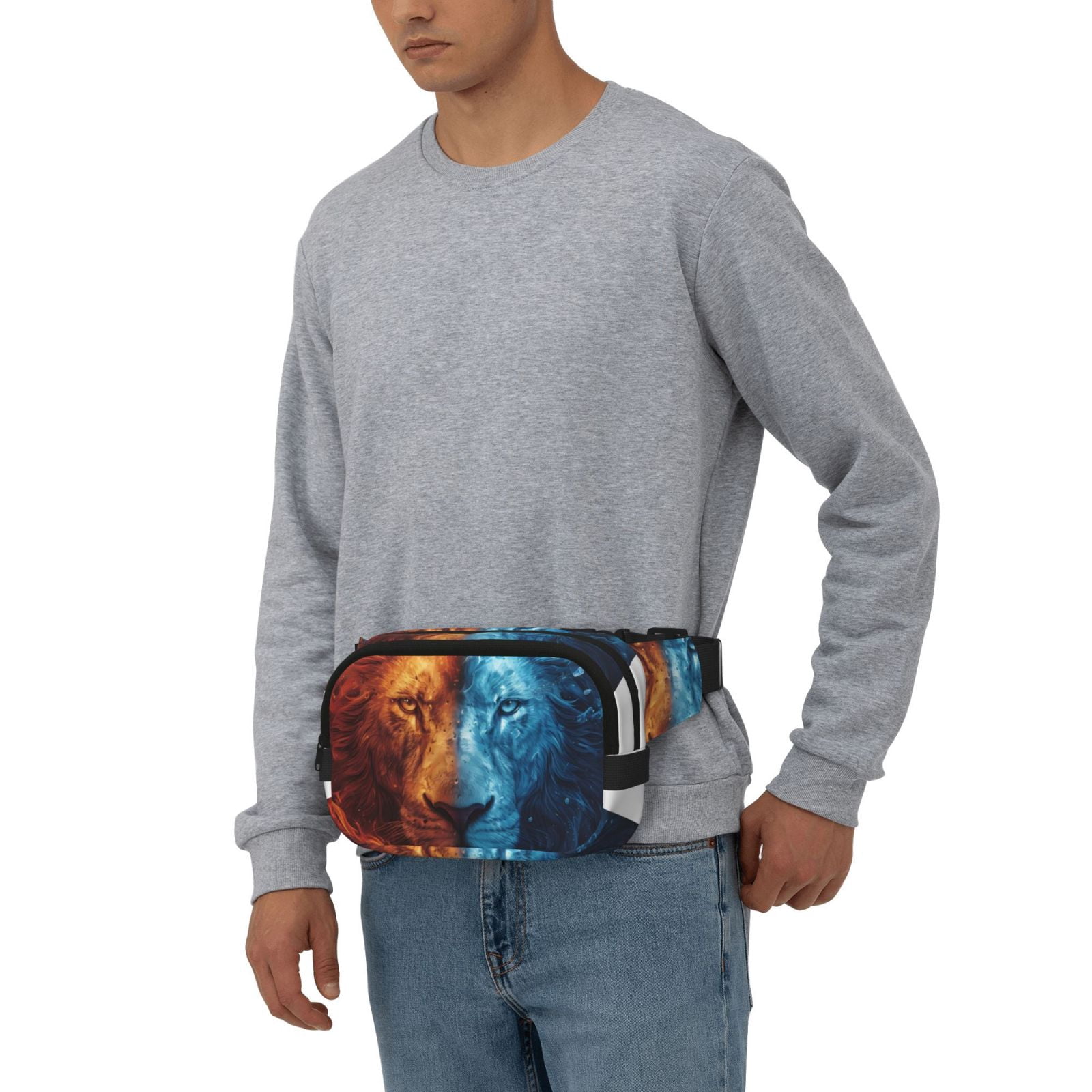 Kuqiui Red And Blue Fire Lion Print Fanny Packs for Women Cross Body Waist Bag Fashionable Fanny Pack Designer Workout Hiking Waist Pack Running Travel Gym
