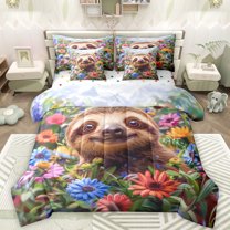 Manfei Brown Wild Sloth 7 Pieces Bedding Comforter Set,Colorful Floral Full Bedding Set,Natural Scenery Fitted Sheet Flat Sheet For Girls Kids,Breathable Home Decor Reversible