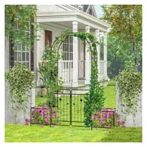 87" Metal Garden Arbor with Gate & Planters - Black Wrought Iron Archway for Wedding, Backyard, Climbing Plants - Outdoor Decor