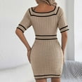 thumbnail image 4 of SAFUNY Women's Crewneck Short Sleeve Button Front Waist Tie Bodycon Midi Dress Pullover Stretchy Office Date Party Dress Khaki S, 4 of 6