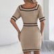 thumbnail image 3 of Vestido de Color Sólido Del Cuello de las Mujeres Botón de Punto Paquete Cadera Ajustado, Vestido de Moda Elegante para el Día Y el Trabajo, 3 of 6