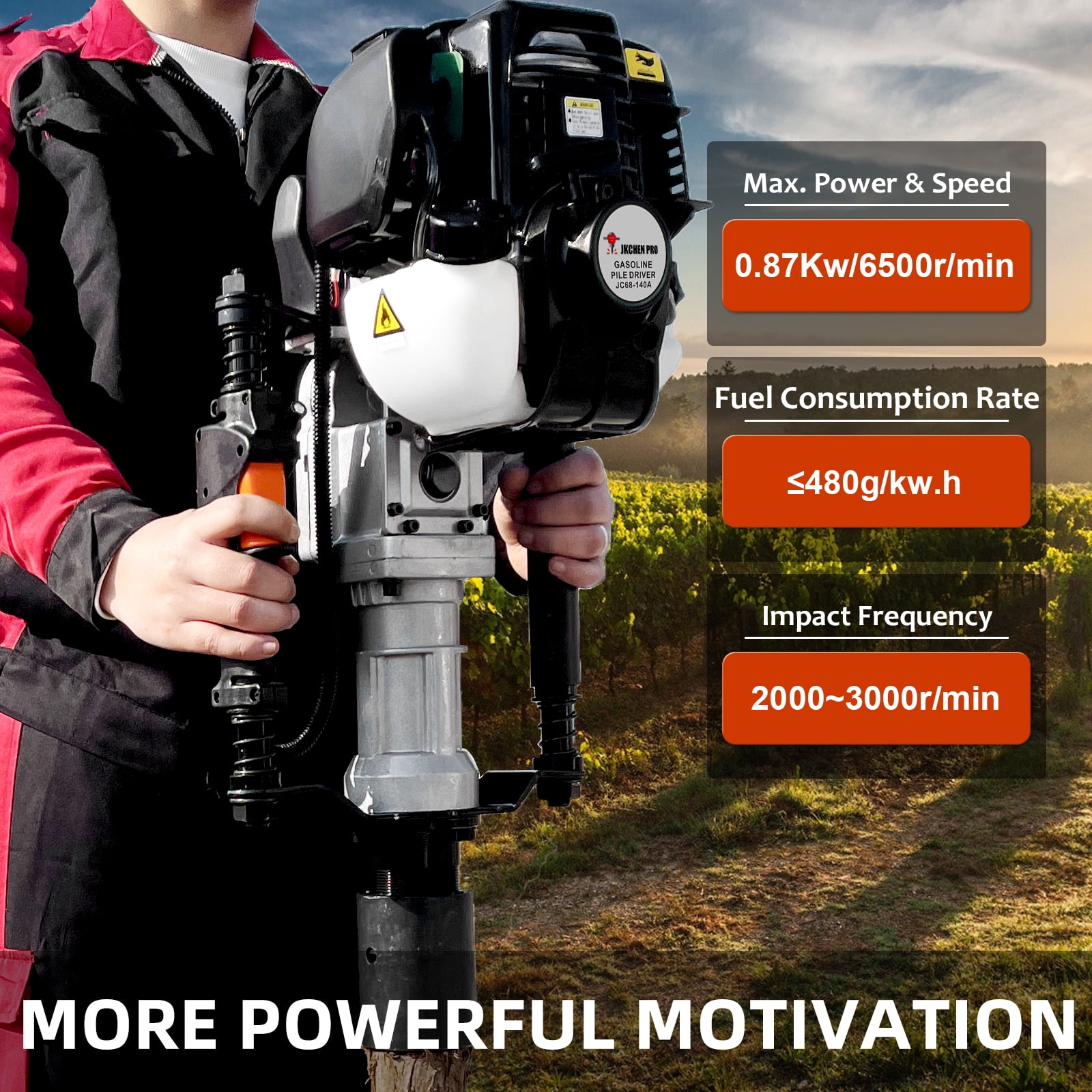 4 Stroke 38CC JKCHEN PRO Gas Powered T Post Driver Hammer Drills, Gasoline Pile Driver Fencing Tool Machine