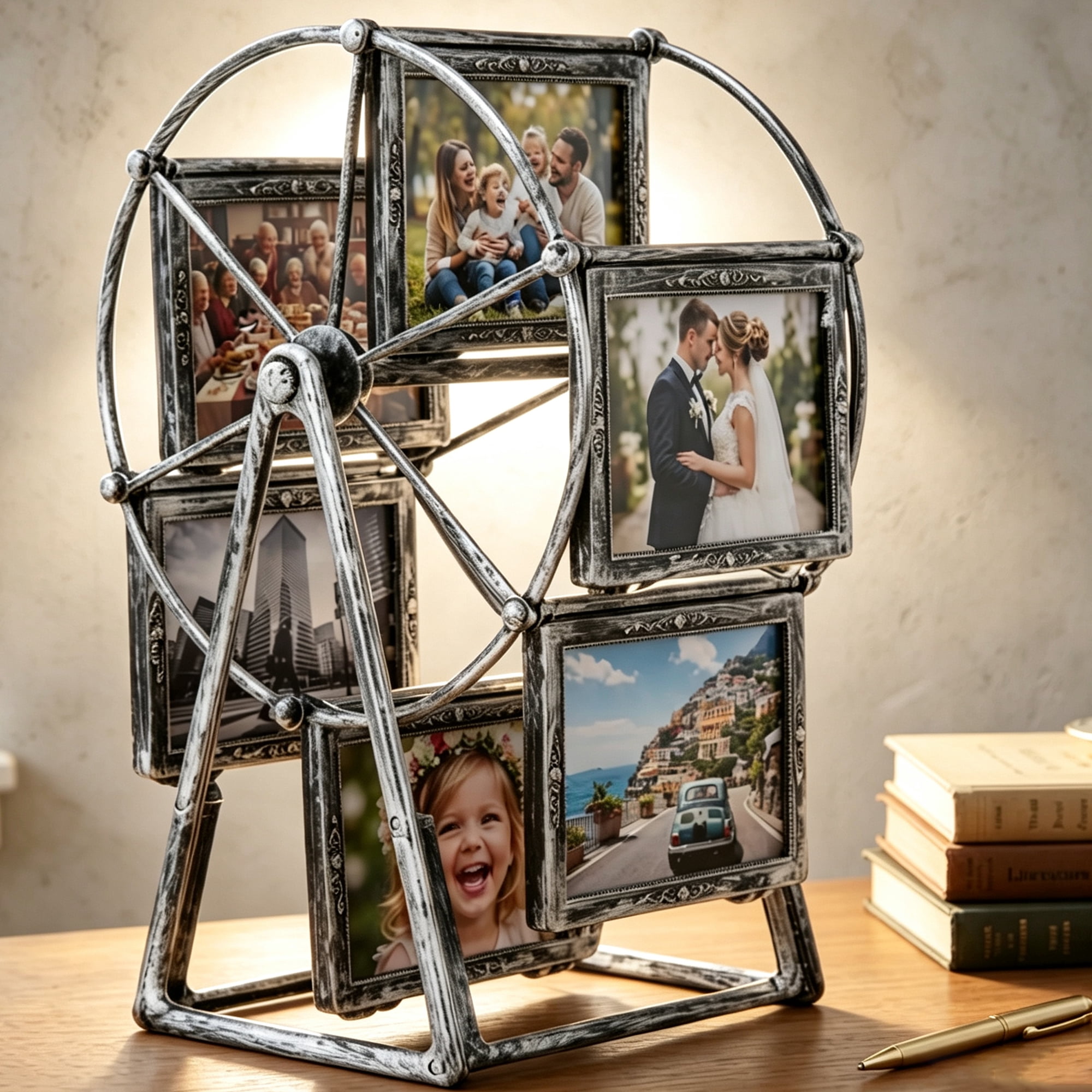 Qunbio Rotating Ferris Wheel Picture Frame, 12 Photos Vintage Embossed Designs 5 inches Frame for Home Decor Wedding Birthday Gifts, Silver