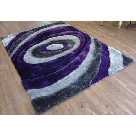 Rug in Size 5'x7' with Geometric Design Shag Area Rug In Gray and Purple with Cotton Backing. 100% Polyester with Two type of Yarns, Appx. Two Inch Pile Height