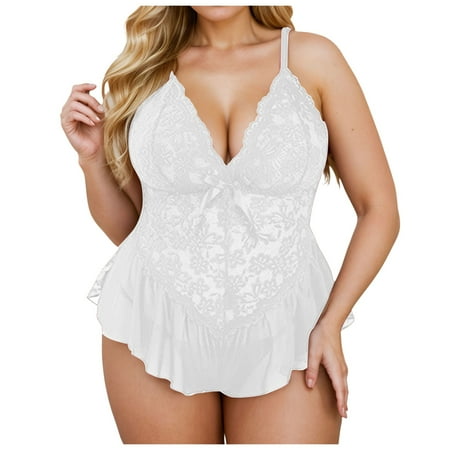 Yuhangmm Plus Size Lace Jumpsuit Underwear Deep V Pajamas plus Size Lingerie
