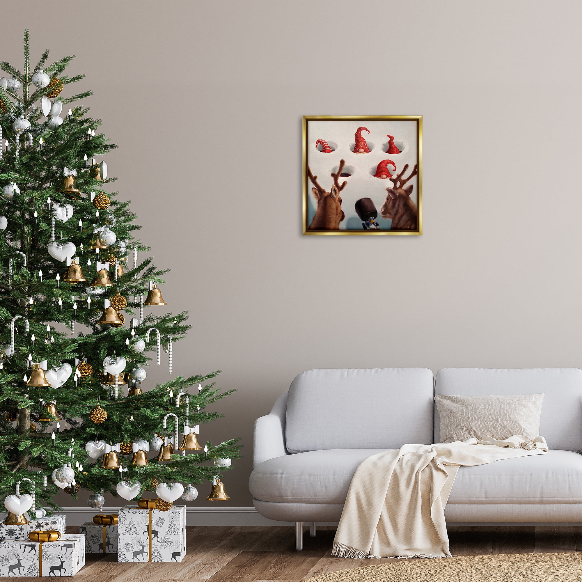 Stupell Industries Holiday Whack an Elf Humor Animals & Insects Painting Gold Floater Framed Canvas Art Print Wall Art, 25 x 25