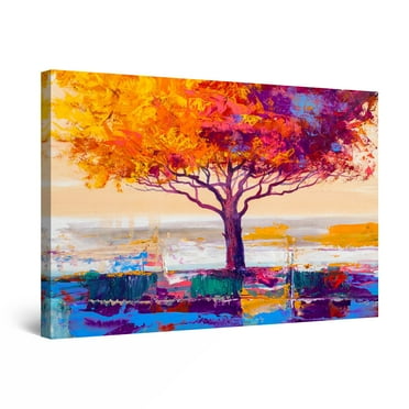 Startonight Canvas Wall Art Abstract Lonely Rainbow Tree Blue Orange Painting Framed 32" x 48"