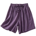 thumbnail image 3 of LINGLANG Women's Summer Linen Bohemian Shorts, High Waist Wide Leg Retro Loose Fit Shorts, Elastic Waistband Drawstring 5-Inch Inseam Shorts, 3 of 3