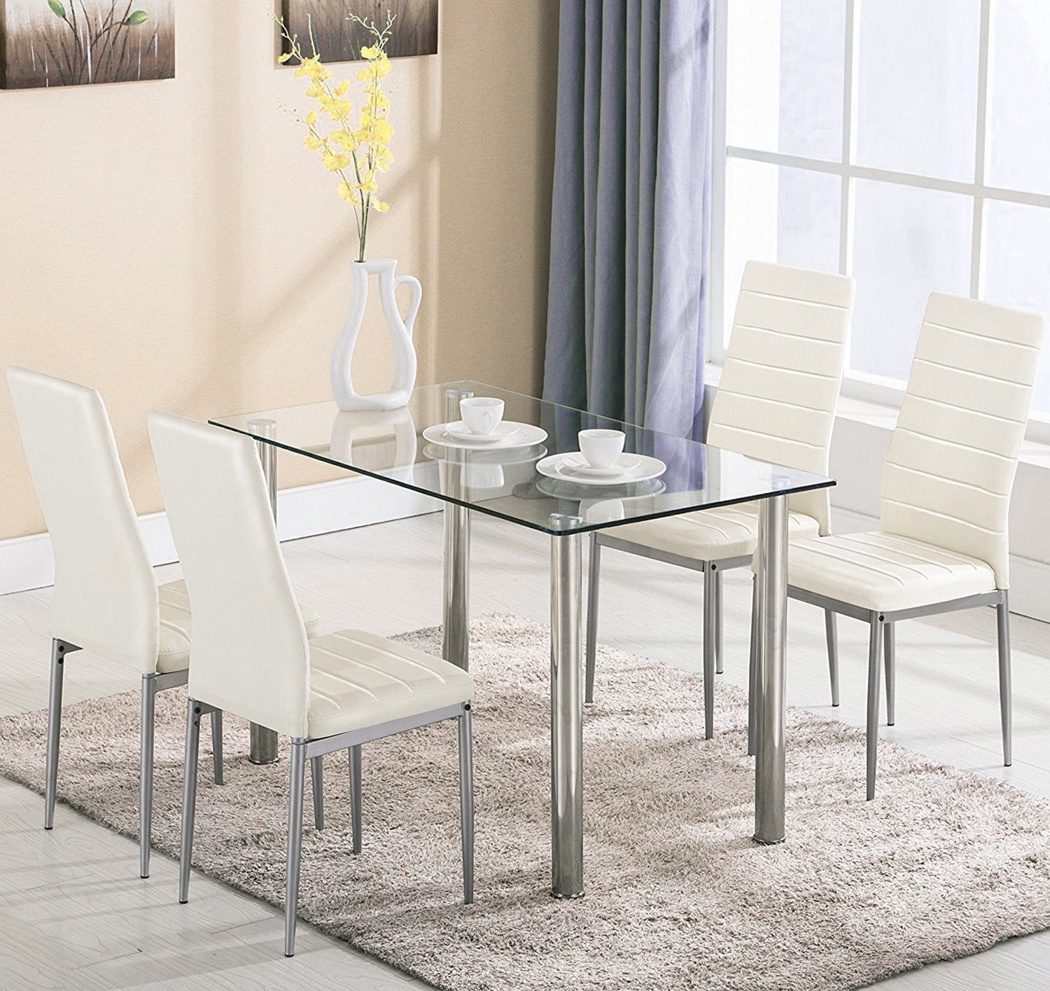 Ktaxon Glass Dining Table Set for 4, Kitchen Table Set & 4 PU Padded Chairs, Dining Room Set for Dinner, White