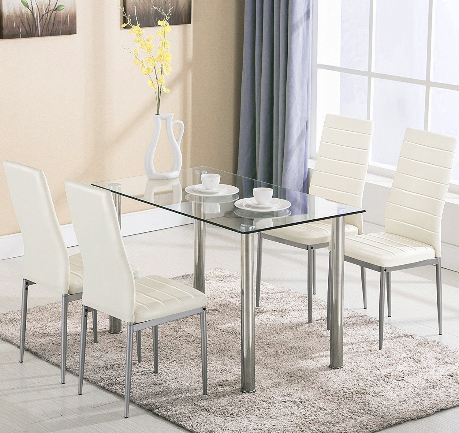 Ktaxon 5 Piece Dining Table Set Dining Table & 4 Leather Chairs,Glass Top Kitchen Dining Room Furniture,White - image 4 of 7